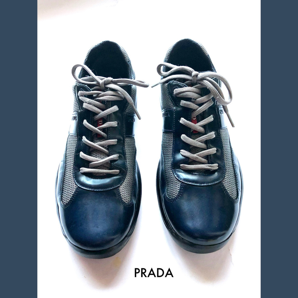 SOLD! Prada Leather Navy Blue Black Sneakers 9.5 - Picture 3 of 8